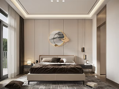 Elegant Modern Bedroom Interior With Bed Nightstands Circular Decorative Painting Window Curtains And Area Rug 3d model