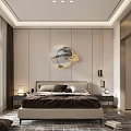 Elegant Modern Bedroom Interior With Bed Nightstands Circular Decorative Painting Window Curtains And Area Rug