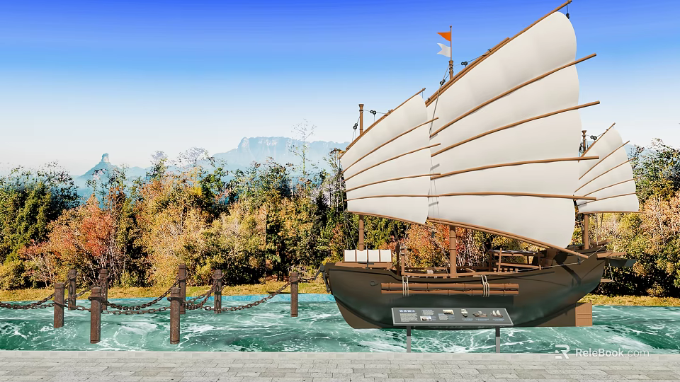 Scenic Park Landscape with Sailboat Model Colorful Trees Distant Mountains Blue Sky and Calm Water 3d model 