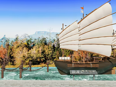Scenic Park Landscape with Sailboat Model Colorful Trees Distant Mountains Blue Sky and Calm Water 3d model