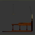 Commercial Equipment With Wooden Platform Multiple Seats Blue Panels Circular Dials And Hanging Lamps