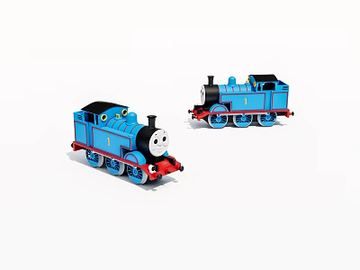 Two Blue Toy Train Models With Black Chimney Red Front And Wheels 3d model
