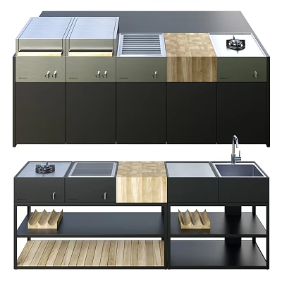 Modern Functional Kitchen Table With Wooden Metal Countertop Storage Cabinets Sink And Stove Burner 3d model