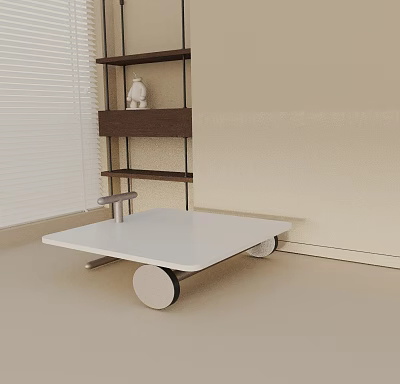 Modern White Top Coffee Table With Wheels Near Wooden Bookshelf In Minimalist Room 3d model