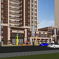 High Rise Residential Commercial Buildings Street View With Shops Cars Flags And Decorative Elements