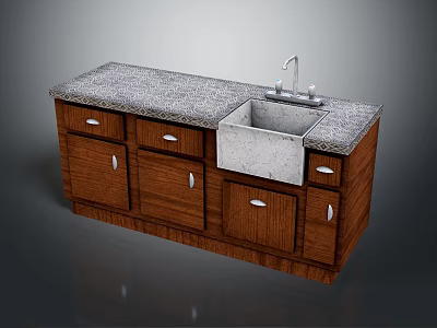 Wooden Kitchen Cabinets With Gray Countertop Sink And Faucet Design 3d model
