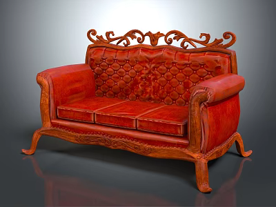 Vintage Red Leather Three Seater Sofa With Carved Wooden Frame And Ornate Design 3d model