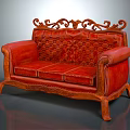 Vintage Red Leather Three Seater Sofa With Carved Wooden Frame And Ornate Design