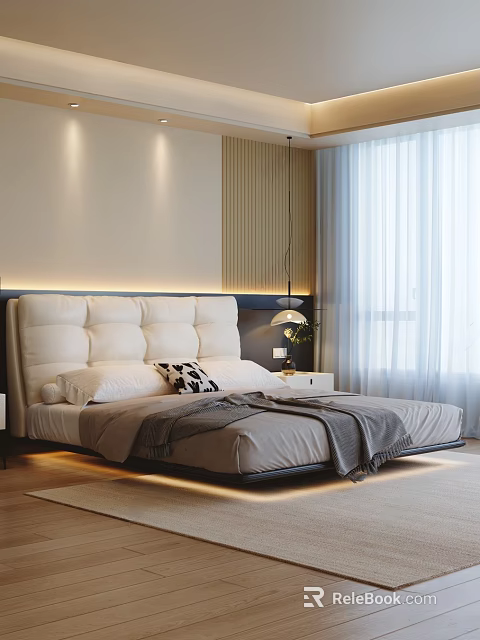 Modern Bedroom Interior With Large Tufted Headboard And White Sheer Curtains 3d model 