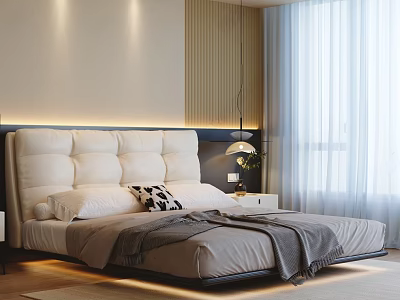 Modern Bedroom Interior With Large Tufted Headboard And White Sheer Curtains 3d model