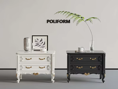 Poliform White And Black Nightstands With Gold Handles Vase Cup Plant Artwork 3d model