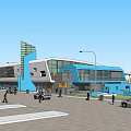 Modern Transportation Hub Building With Blue Roof Parking Area Buses And Trees
