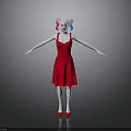 Character In Red Dress Pink Blue Pigtails White Skin Red Shoes Arms Outstretched Gray Background