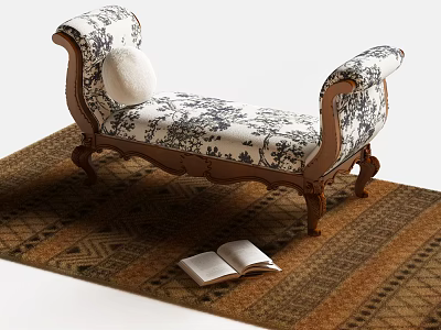 Classic Wooden Frame Footstool With Blue White Floral Cushion And Open Book On Patterned Rug 3d model