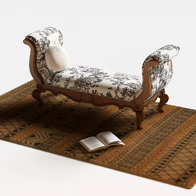Classic Wooden Frame Footstool With Blue White Floral Cushion And Open Book On Patterned Rug 3d model