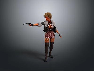 Woman With Curly Hair In Leather Jacket Holding Gun With Extended Arm Against Gray Background 3d model