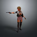 Woman With Curly Hair In Leather Jacket Holding Gun With Extended Arm Against Gray Background