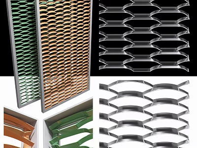 Stylish Room Dividers With Metal Grid Wooden Panels And Wavy Geometric Designs 3d model