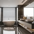 Modern Bathroom Interior With White Bathtub Double Vanity Glass Shower Enclosure And Window Blinds