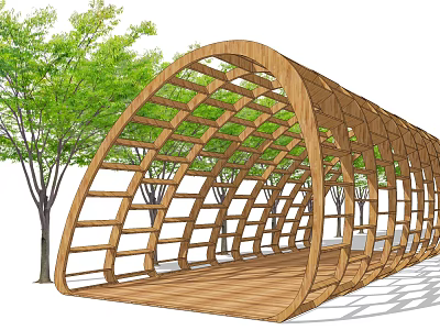 Garden Landscape Featuring Wooden Arched Structure Green Trees And Wooden Deck 3d model