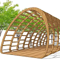 Garden Landscape Featuring Wooden Arched Structure Green Trees And Wooden Deck