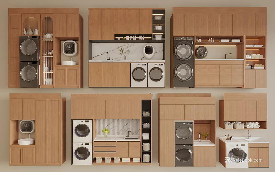 Wooden Cabinet Laundry Room Design With Washing Machines And Storage Layouts 3d model 