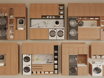 Wooden Cabinet Laundry Room Design With Washing Machines And Storage Layouts 3d model