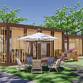 Scenic Wooden House Exterior With Lawn Trees Umbrellas Tables And Chairs