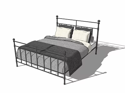 Modern Black Metal Frame Double Bed With Gray Blanket And White Pillows 3d model