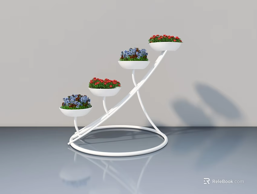 Swing Door In Grey Room With White Spiral Flower Stand And Colorful Potted Plants 3d model 