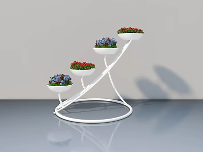 Swing Door In Grey Room With White Spiral Flower Stand And Colorful Potted Plants 3d model
