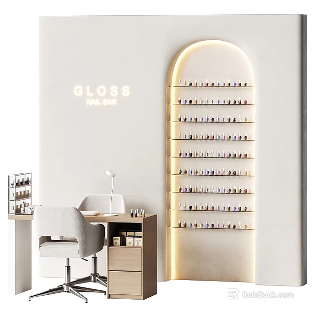 Modern Glossy Nail Bar Interior With Organized Nail Polish Display Shelf And Chairs Table 3d model 