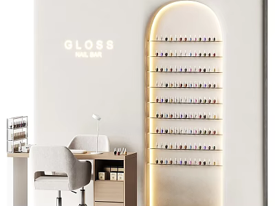 Modern Glossy Nail Bar Interior With Organized Nail Polish Display Shelf And Chairs Table 3d model