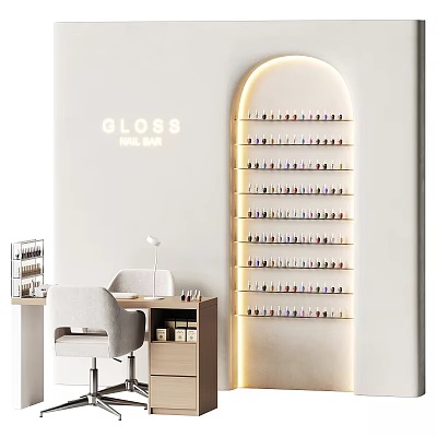 Modern Glossy Nail Bar Interior With Organized Nail Polish Display Shelf And Chairs Table 3d model