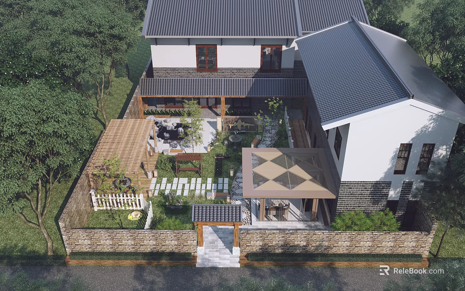 Chinese Style Courtyard Garden With Stone Path Wooden Deck Green Plants Pergola And Seating Area 3d model 