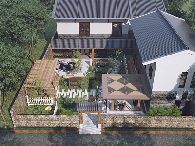Chinese Style Courtyard Garden With Stone Path Wooden Deck Green Plants Pergola And Seating Area 3d model