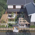 Chinese Style Courtyard Garden With Stone Path Wooden Deck Green Plants Pergola And Seating Area