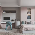 Elegant Modern Tatami Bedroom Interior Design With Pink Walls Desk Chair And Decorative Pillows