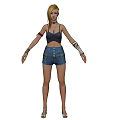 Woman With Blonde Hair In Black Crop Top Denim Shorts And Arm Bracelets