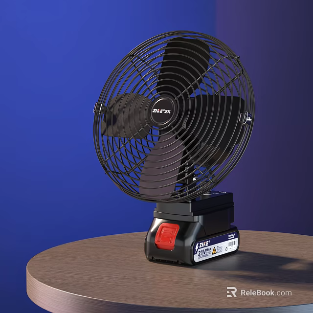 Black Desktop Air Conditioning Fan Placed On Wooden Table With Blue Background 3d model 
