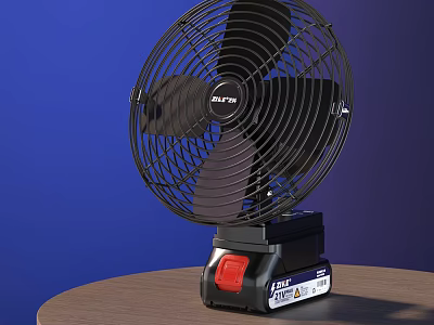 Black Desktop Air Conditioning Fan Placed On Wooden Table With Blue Background 3d model