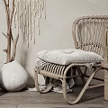 Rattan Leisure Chair With Macramé Wall Hanging White Vases And Green Plants On Wooden Floor
