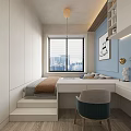 Stylish Bedroom Interior With Pink Wall Backlit Headboard Circular Decor And Desk Chair By Window