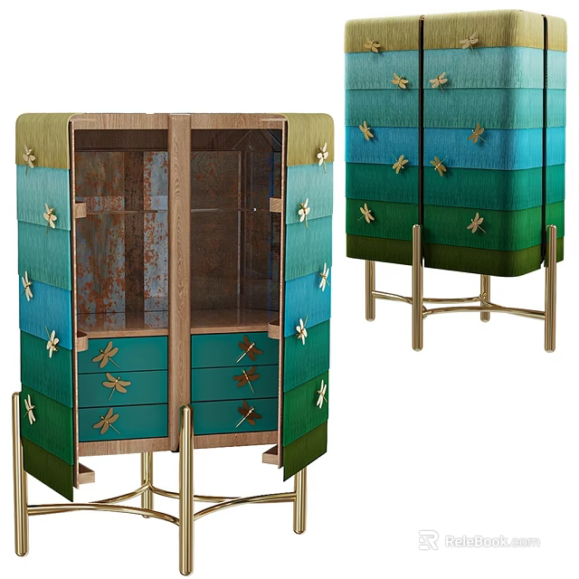 Colorful Layered Console Cabinet and Side Cabinet with Dragonfly Decorations Glass Doors and Metal Legs 3d model 