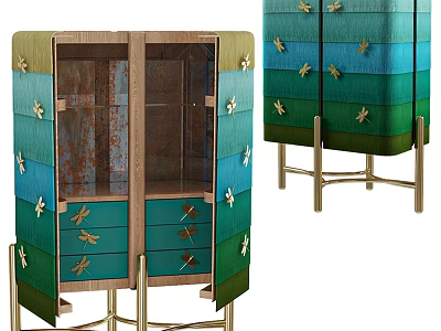 Colorful Layered Console Cabinet and Side Cabinet with Dragonfly Decorations Glass Doors and Metal Legs 3d model
