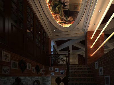Elegant Restaurant Interior With Arched Ceiling Mural Brick Walls Staircase Chandeliers And Decorative Paintings 3d model