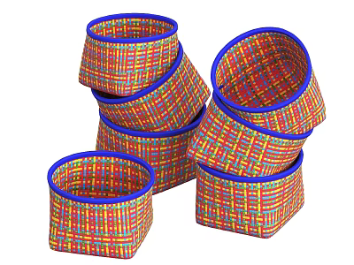 Colorful Woven Storage Baskets With Blue Rim Stacked And Single Placement Home Organizer Ideas 3d model