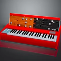 Red Electronic Synthesizer With Black White Keys And Control Knobs