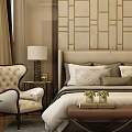 Elegant Modern Bedroom With Double Bed Geometric Patterned Backdrop Bedside Lamps And Bench 3d model