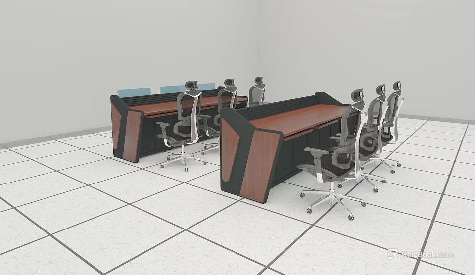 Modern Functional Office Desks With Wooden Dark Finish And Wheeled Chairs 3d model 